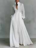 Women's Minimalist Cotton And Linen Patchwork Single-breasted Stand-up Collar Long-sleeved Maxi Dress MDA0658K6Y