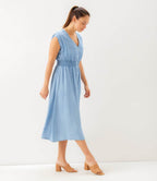 Cap Sleeve Smocked Waist Button-Up Midi Dress