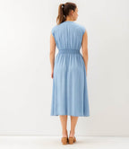 Cap Sleeve Smocked Waist Button-Up Midi Dress