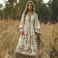 Vestido largo de lino para mujer con bordado floral vintage              Write a Review