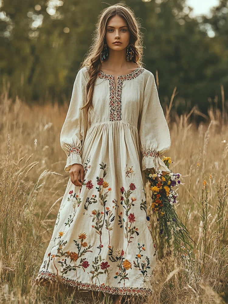 Vestido largo de lino para mujer con bordado floral vintage              Write a Review