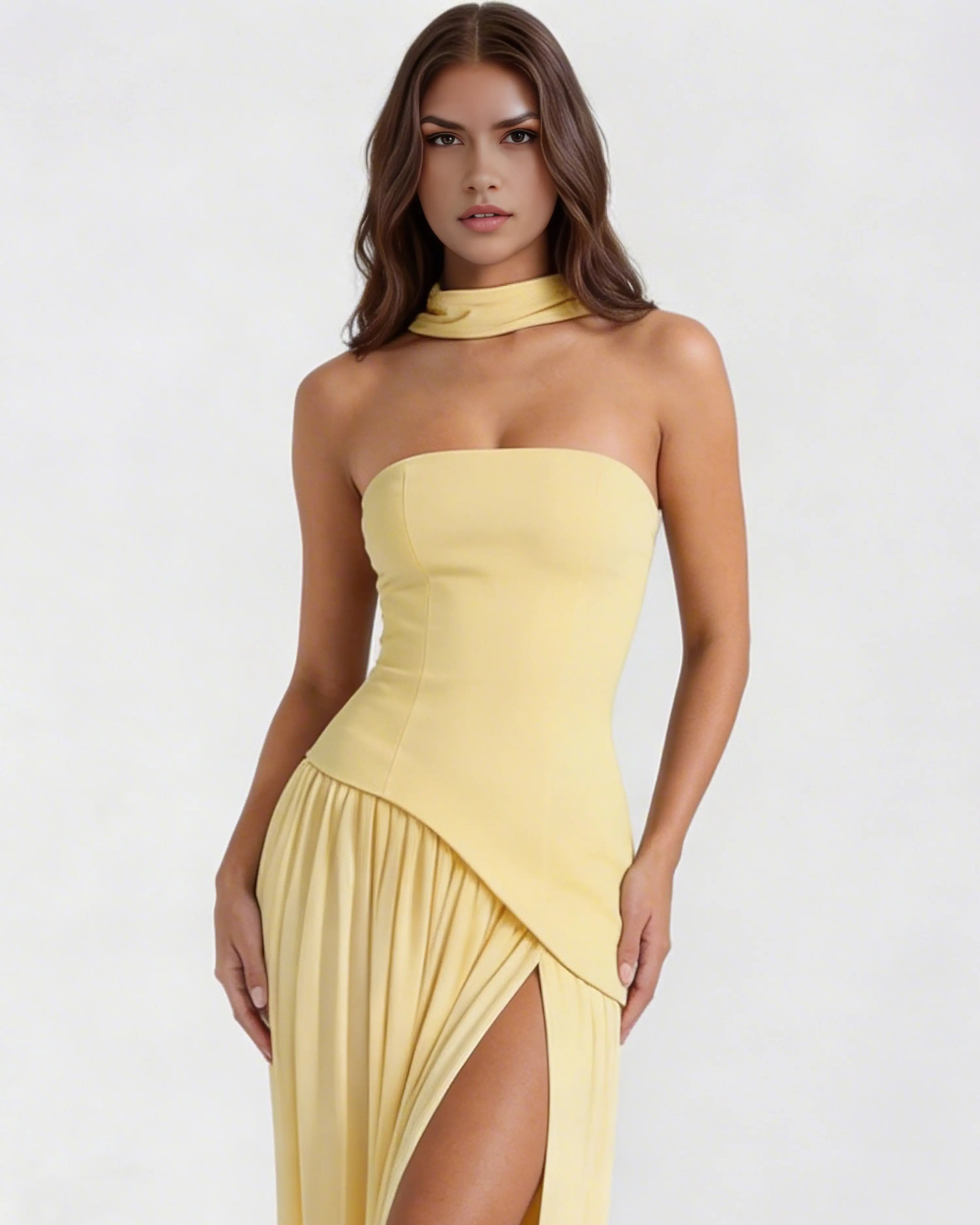 Vestido maxi amarillo con abertura lateral