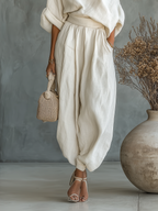Women's Off-white Linen Off-shoulder Loose Casual Top And Tapered Pants Set MDA2770K8T