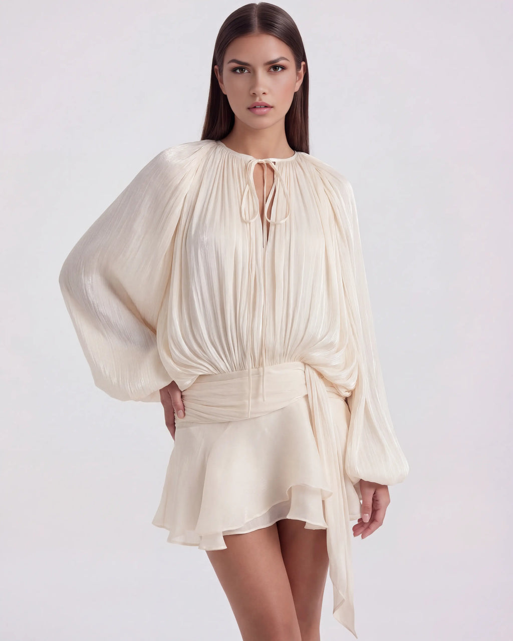 Vestido mini blanco boho con manga abullonada