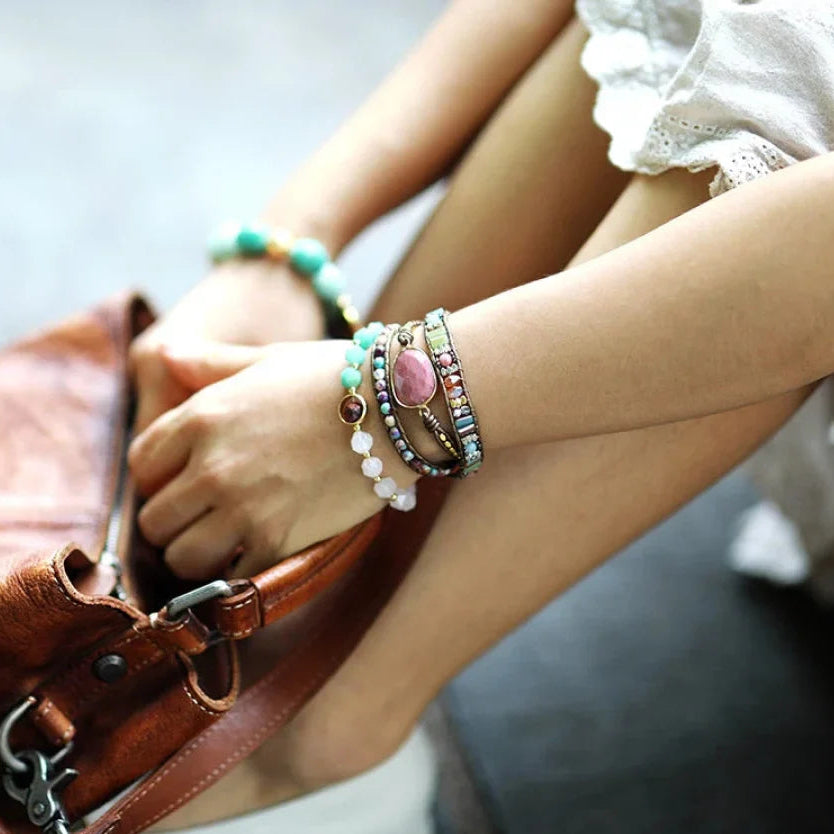 Pulsera envolvente de rodonita y jaspe natural