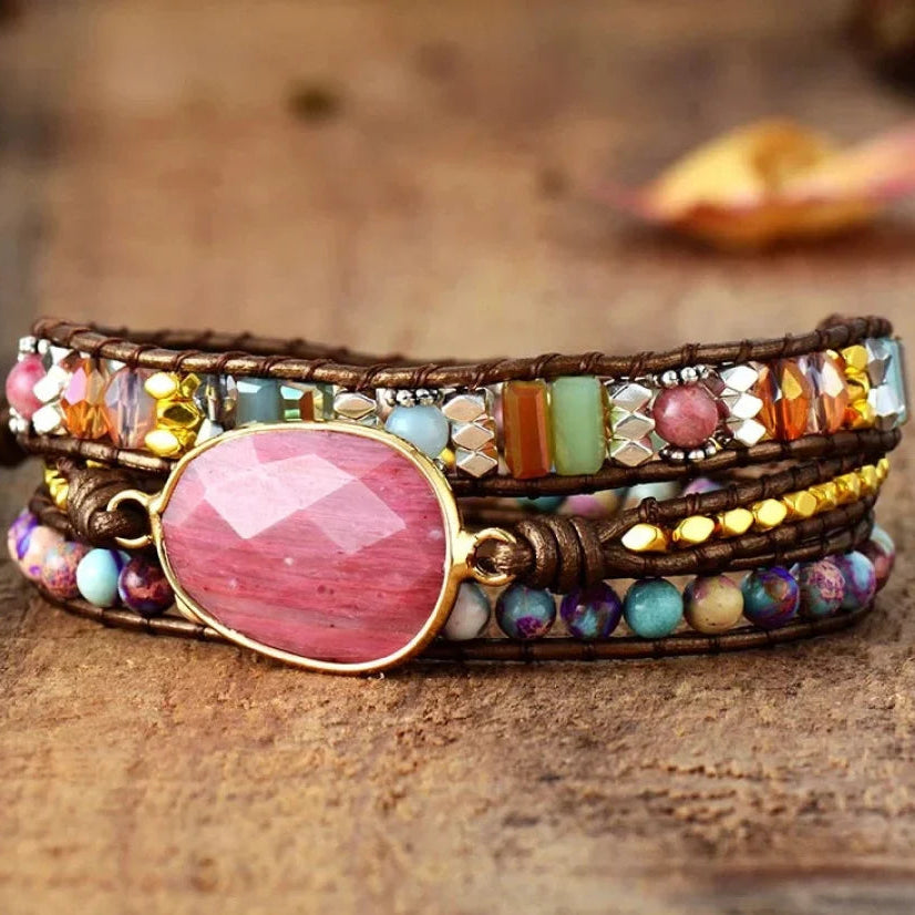 Pulsera envolvente de rodonita y jaspe natural
