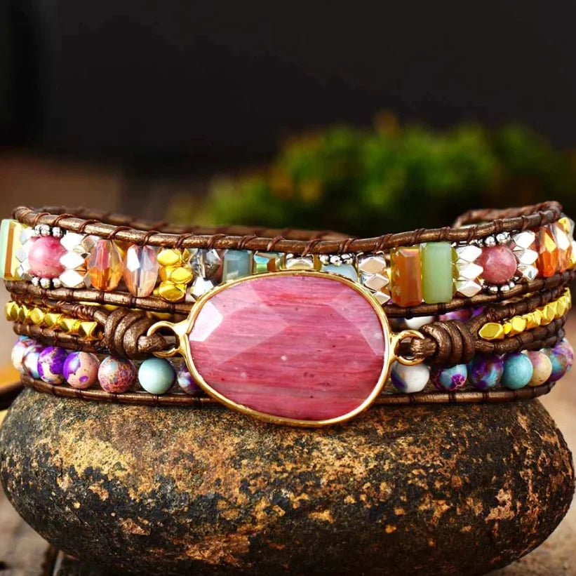 Pulsera envolvente de rodonita y jaspe natural