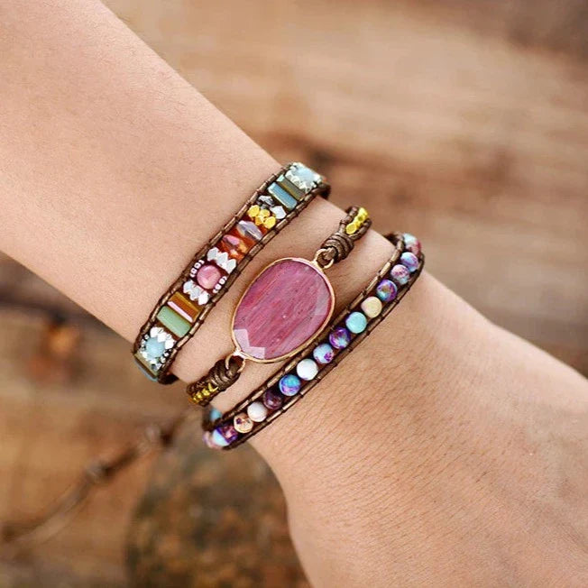 Pulsera envolvente de rodonita y jaspe natural