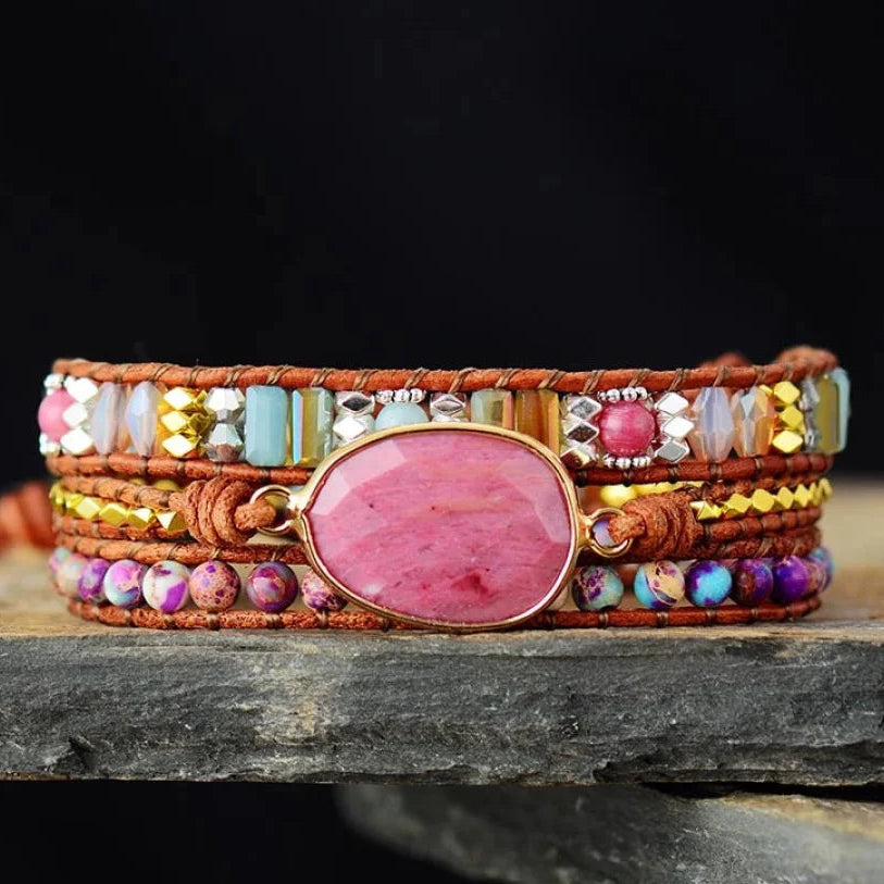 Pulsera envolvente de rodonita y jaspe natural