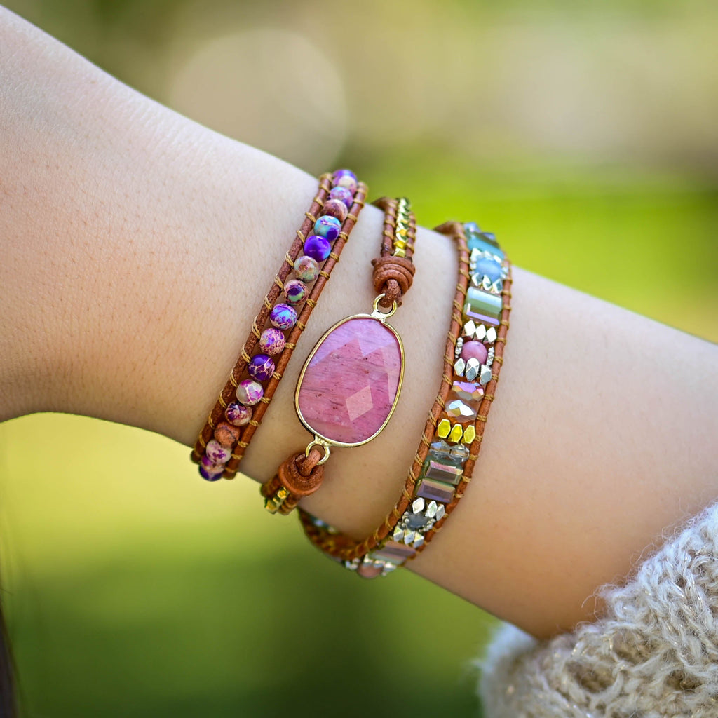 Pulsera envolvente de rodonita y jaspe natural