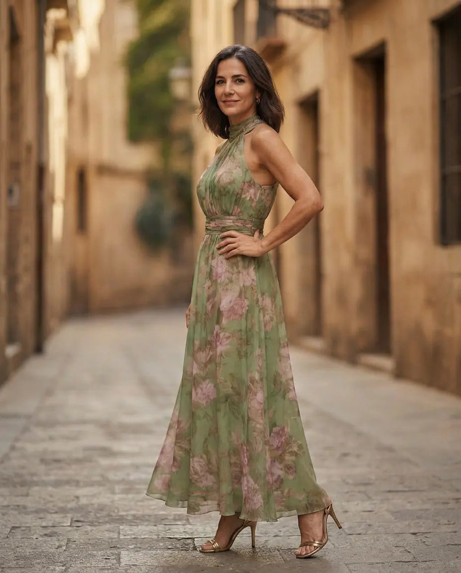 Vestido largo de gasa verde con estampado floral y escote halter