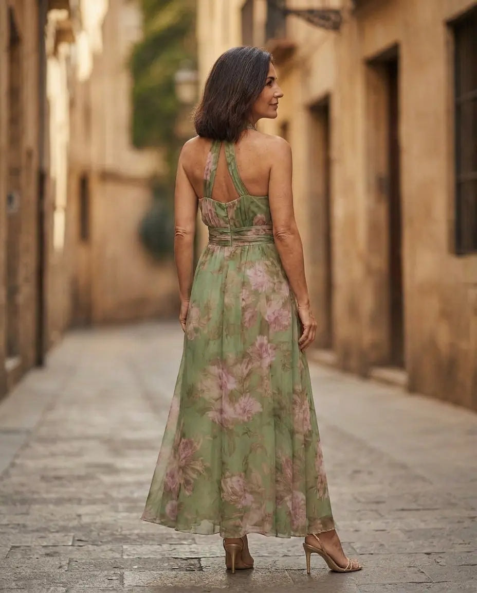 Vestido largo de gasa verde con estampado floral y escote halter