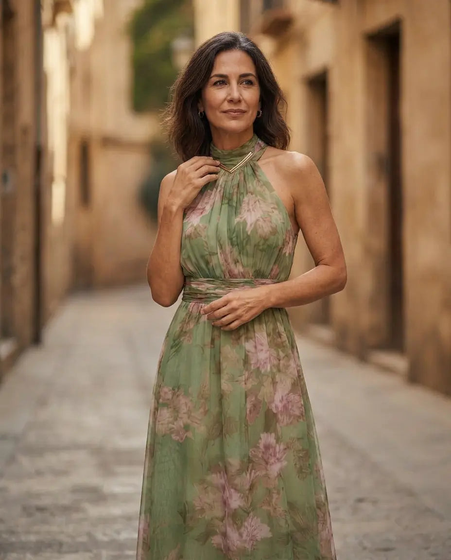 Vestido largo de gasa verde con estampado floral y escote halter