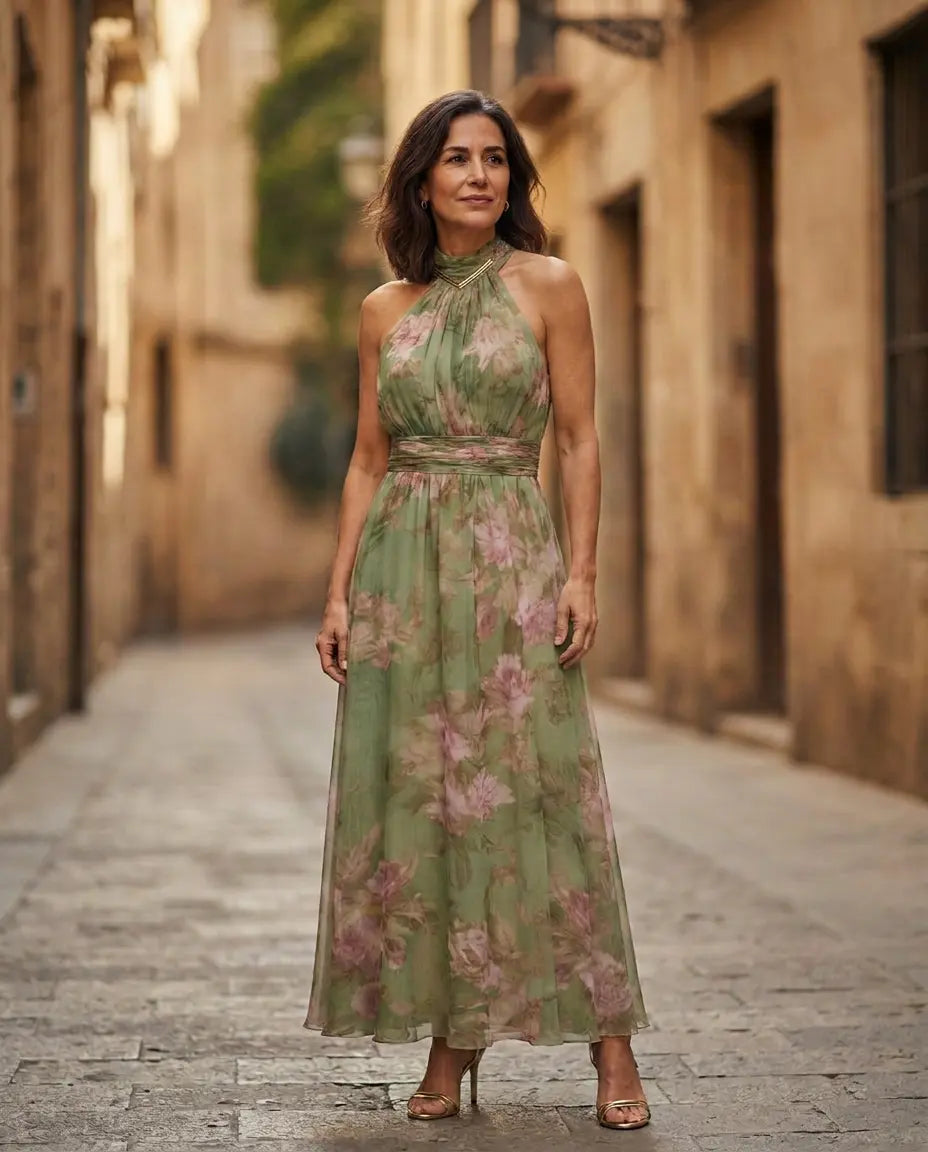 Vestido largo de gasa verde con estampado floral y escote halter