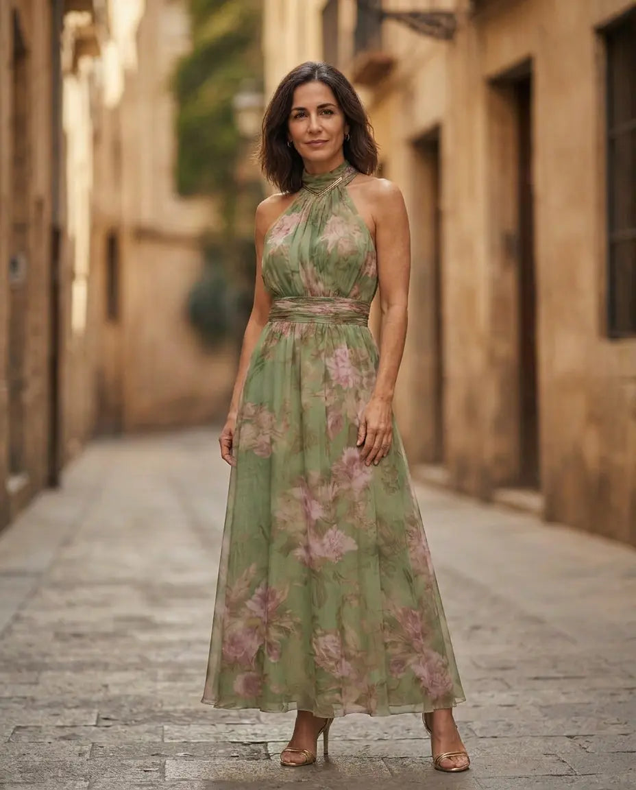 Vestido largo de gasa verde con estampado floral y escote halter